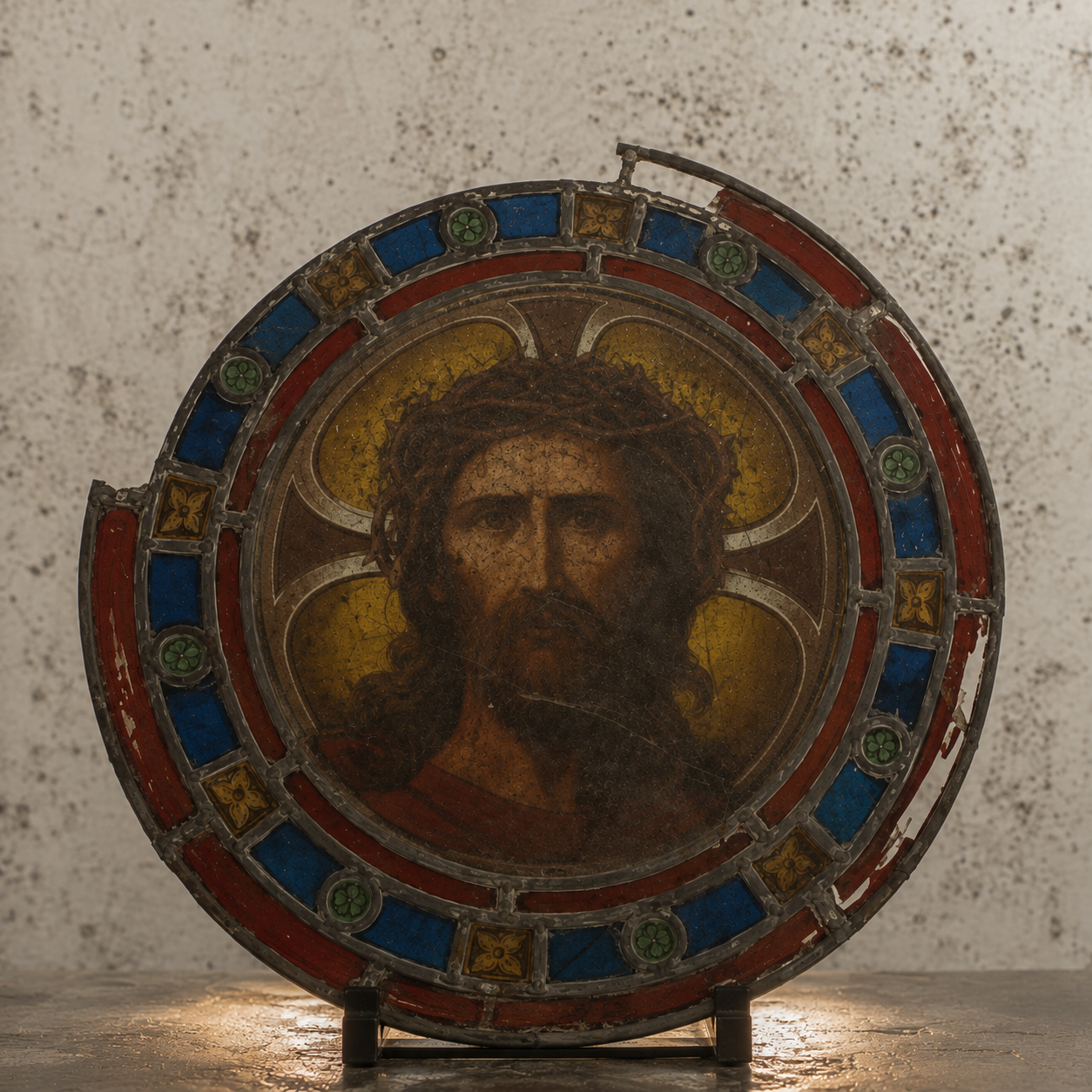 Vitrail ancien endommagé avant restauration