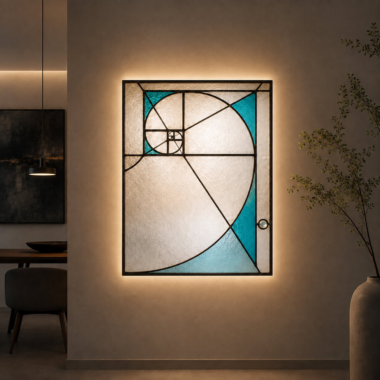 Panneau de vitrail contemporain à motif spirale dorée, éclairé en transparence sur un mur