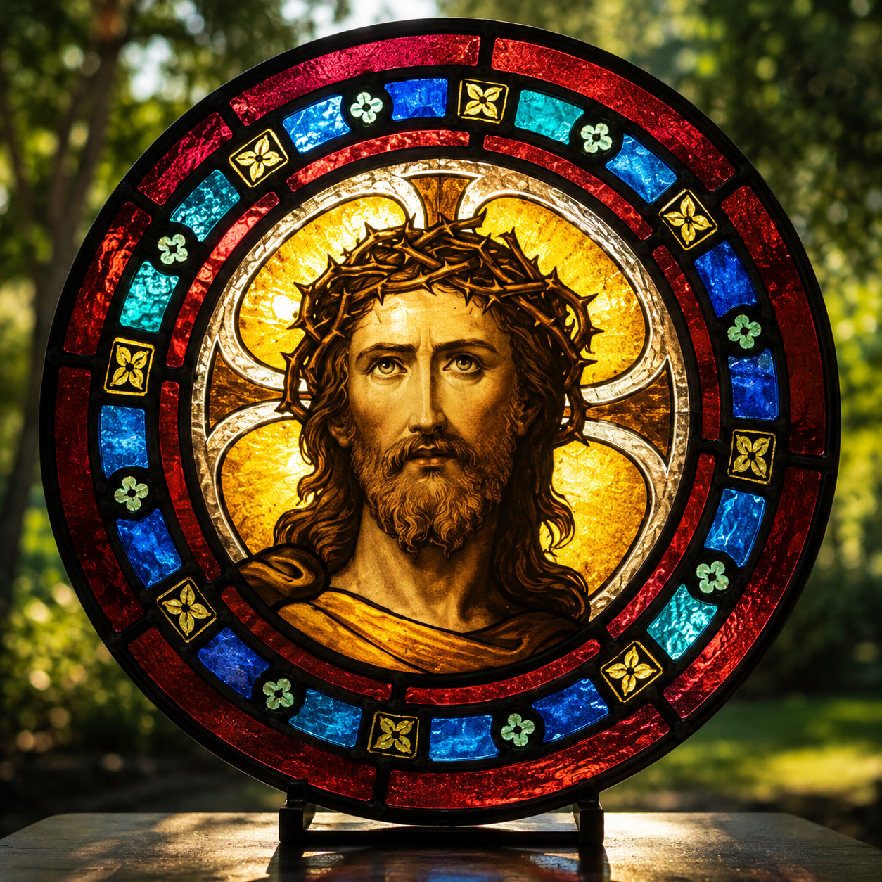 Le même vitrail après restauration, couleurs retrouvées