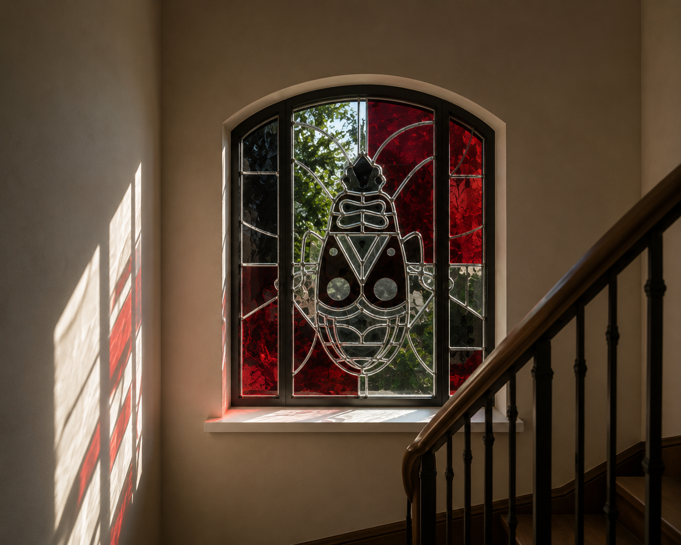 Vitrail contemporain figurant un scarabée stylisé en verre rouge et noir, dans une fenêtre en plein cintre d'une cage d'escalier