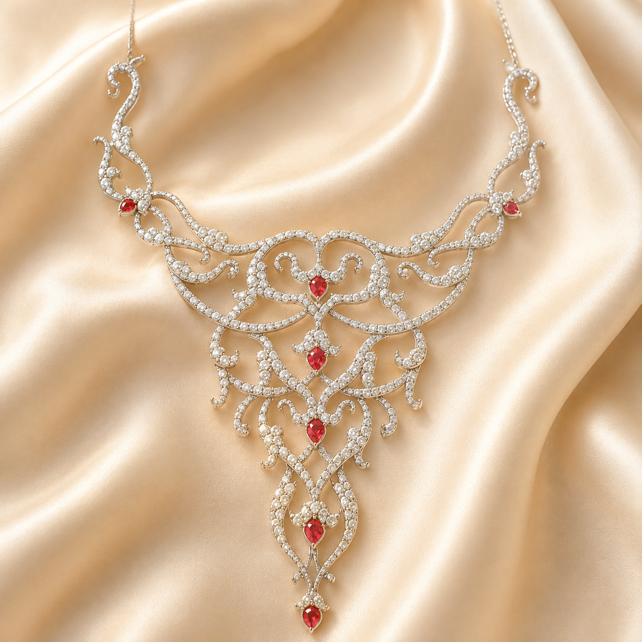 Collier plastron en dentelle d'argent ponctué de rubis