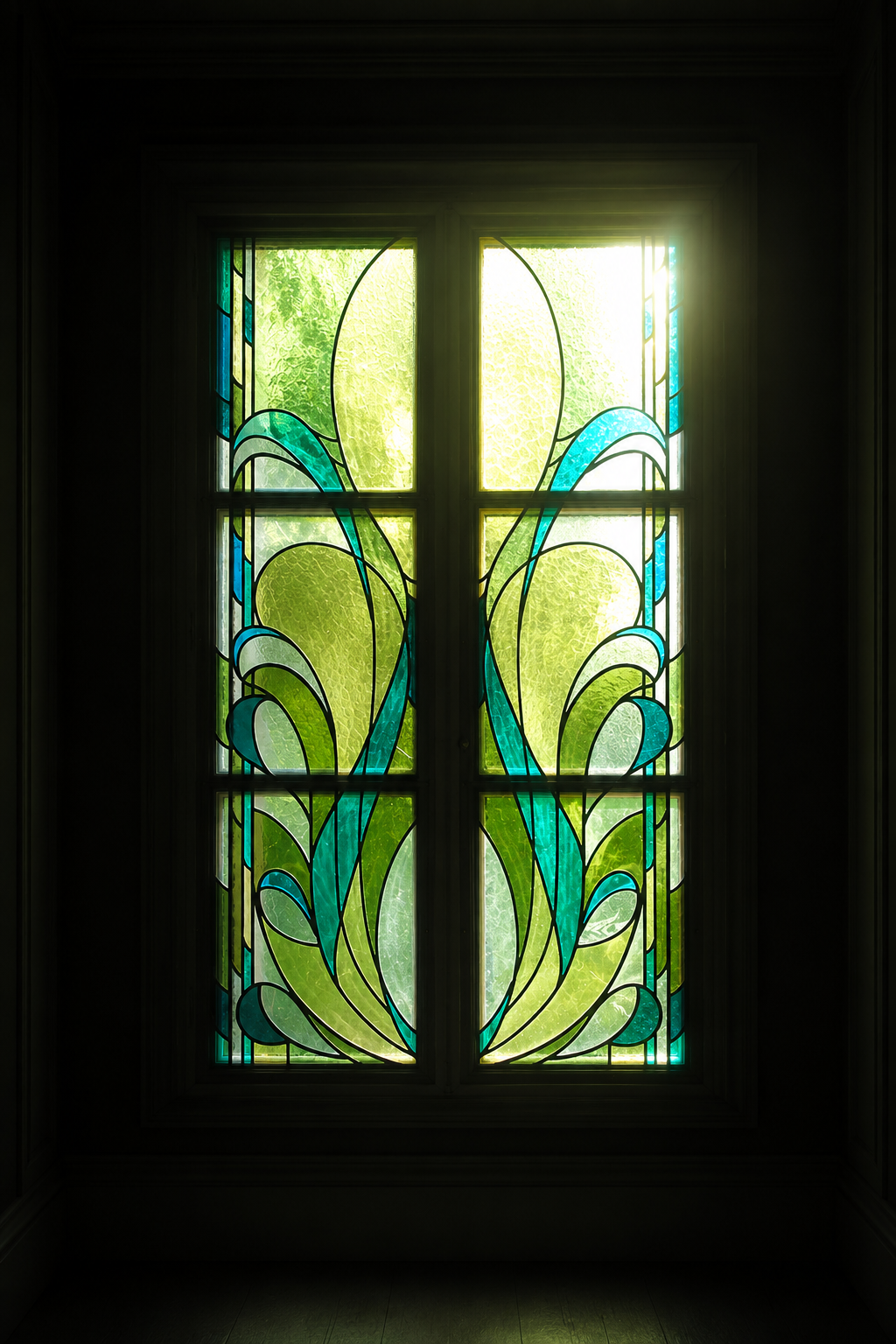 Porte vitrée Art nouveau aux formes végétales bleues et vertes, baignée de lumière naturelle