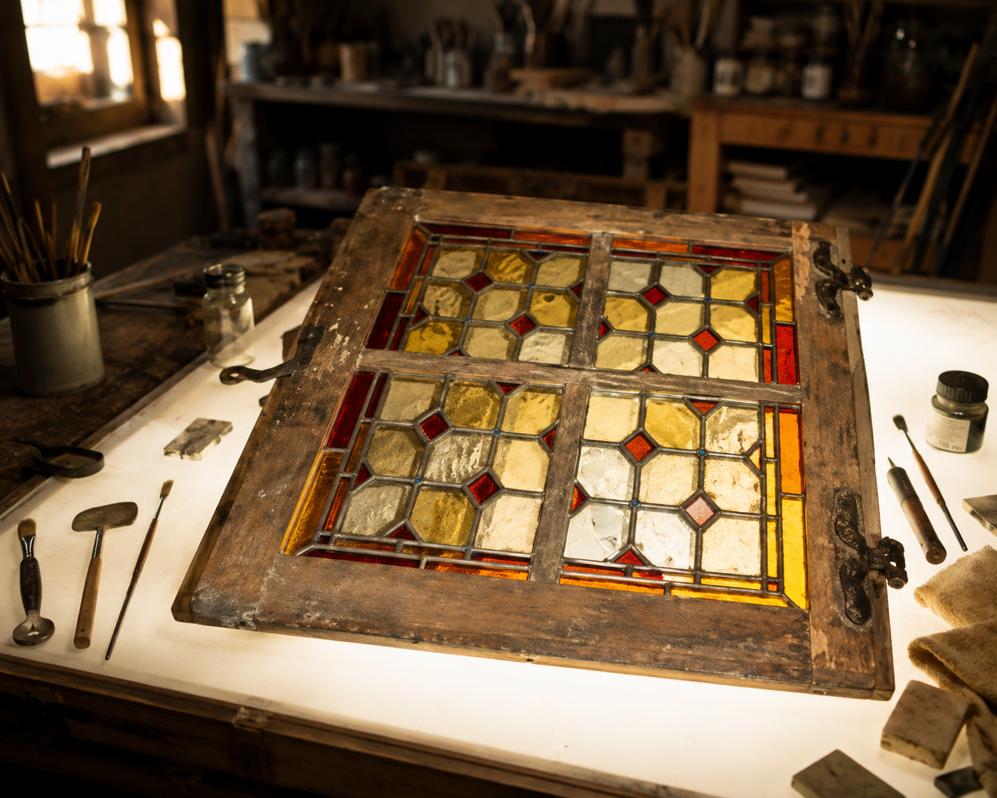 Panneau de vitrail ancien posé sur l'établi de l'atelier, entouré d'outils de restauration