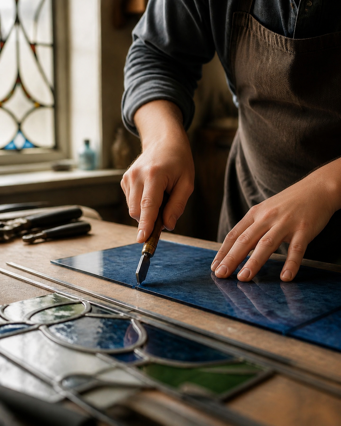 Mains de l'artisane coupant une feuille de verre bleu à l'atelier