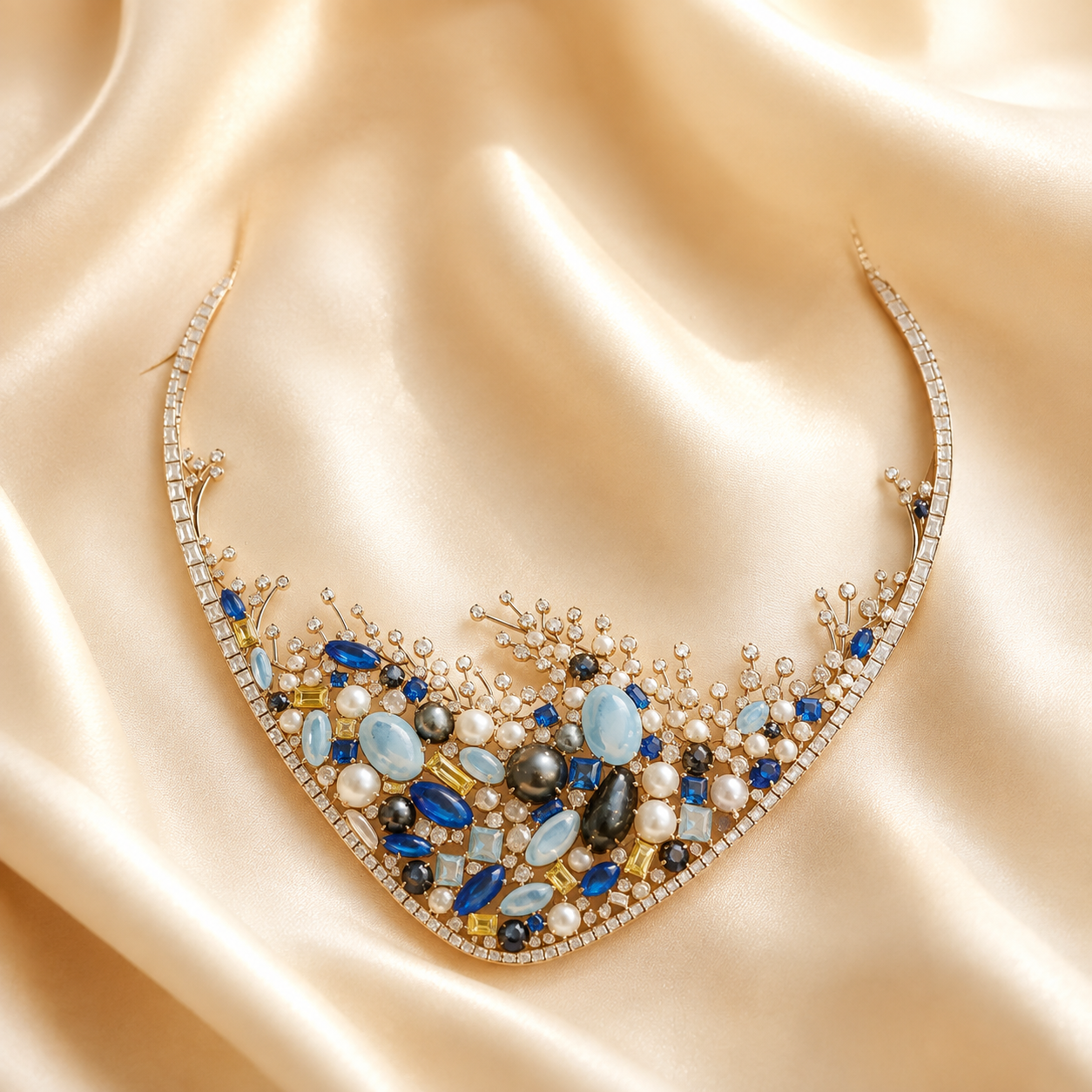 Collier plastron en or serti de saphirs, perles et pierres bleues