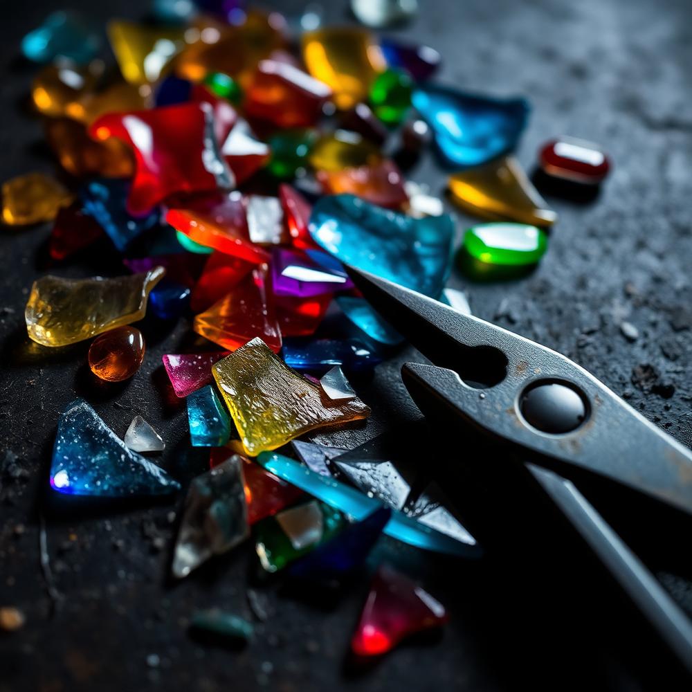 Éclats de verre coloré et pince à gruger sur un plan de travail